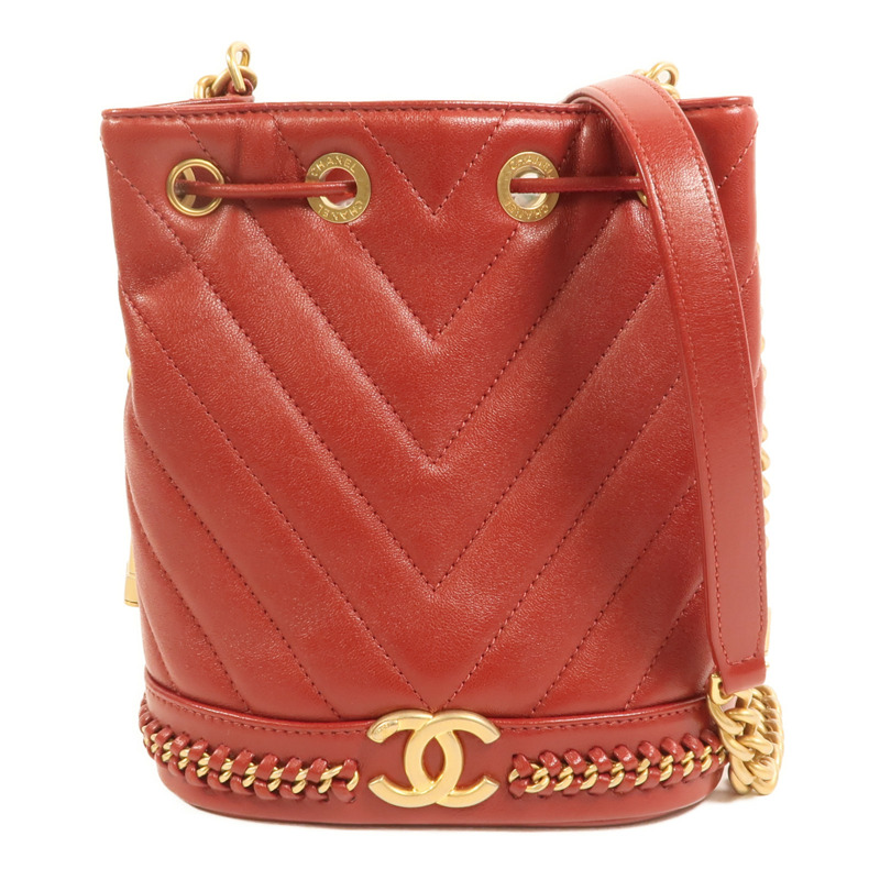 CHANEL 牛皮皮革Cherron Bucket Bag金扣鏈帶肩背袋-0