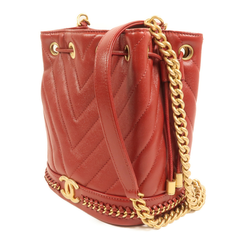 CHANEL 牛皮皮革Cherron Bucket Bag金扣鏈帶肩背袋-2