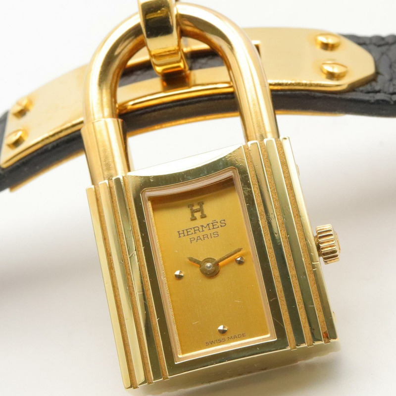 愛馬仕凱莉腕錶，香檳色，鍍金錶殼，皮革錶帶，女士款，KE1.201-4