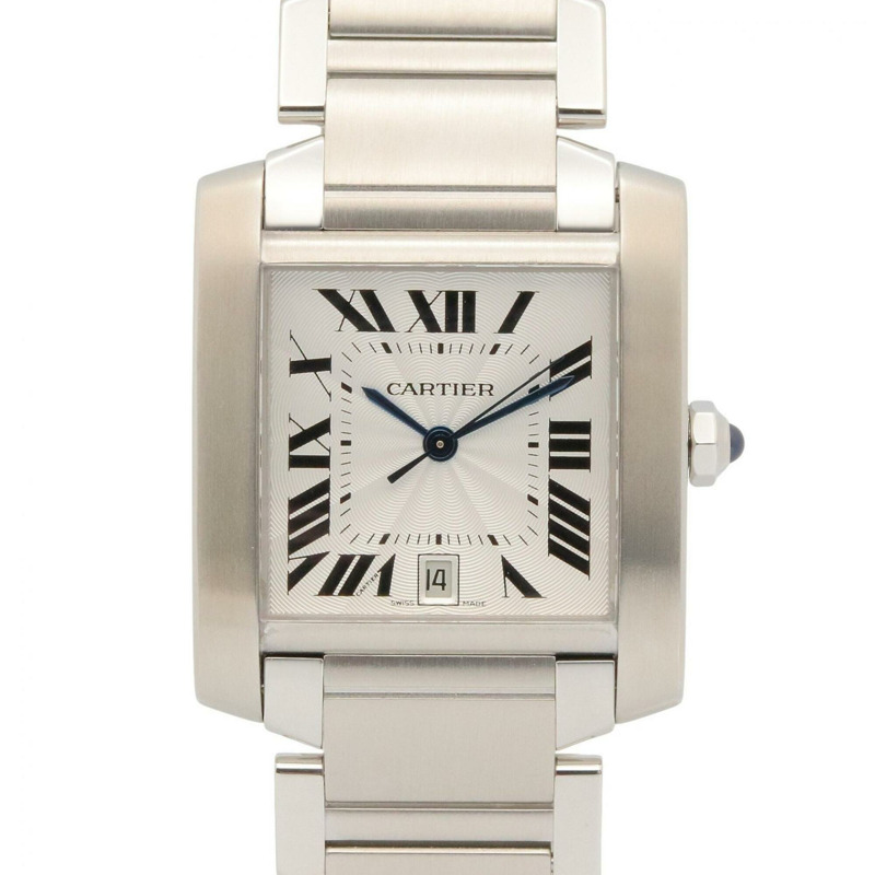 卡地亞 Tank Française LM 男士腕錶，不鏽鋼材質，銀色錶盤，型號 W51002Q3-0