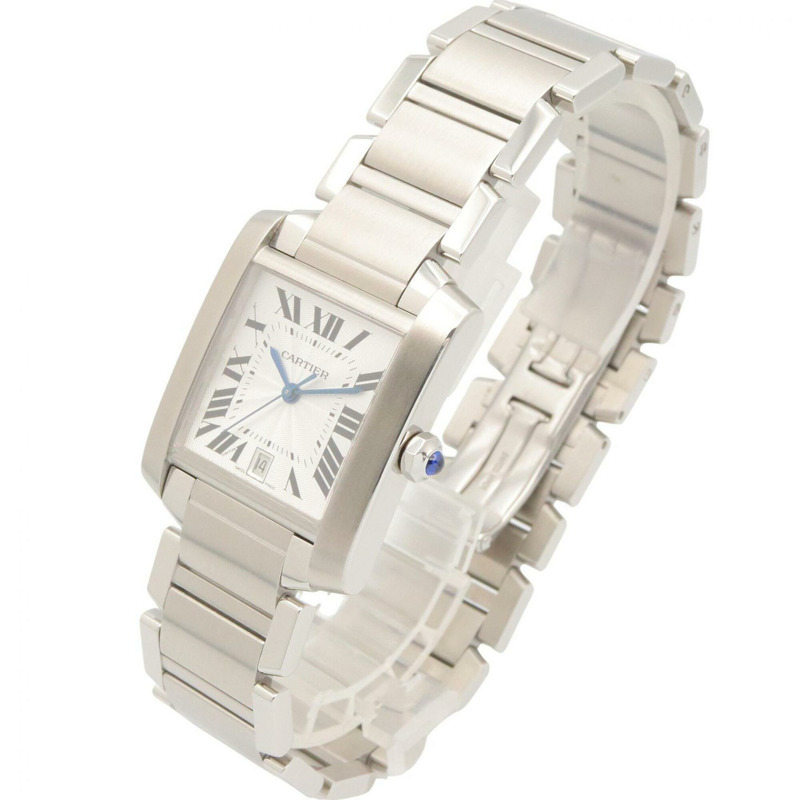 卡地亞 Tank Française LM 男士腕錶，不鏽鋼材質，銀色錶盤，型號 W51002Q3-1