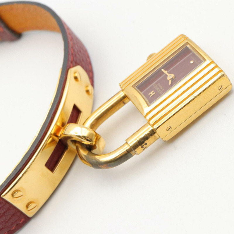 愛馬仕 Kelly 女士腕錶，鍍金 (GP)，皮革錶帶，波爾多紅 (KE1.201)-9