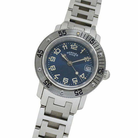 愛馬仕 (HERMES) 女士腕錶，品牌：Clipper Diver Date，石英，不鏽鋼 (SS)，CL5.210，銀色/藍色，拋光。