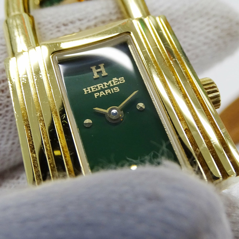 愛馬仕 (Hermes) 女士腕錶，凱莉石英錶款，GP 皮革錶帶，KE1.201，金綠色-10