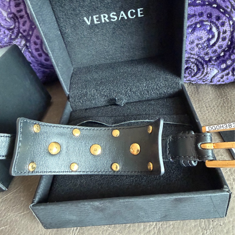 范思哲  黑色 黑色皮革 美杜莎頭  V牛仔風雙環繞手鐲  手環 versace black bracelet-10