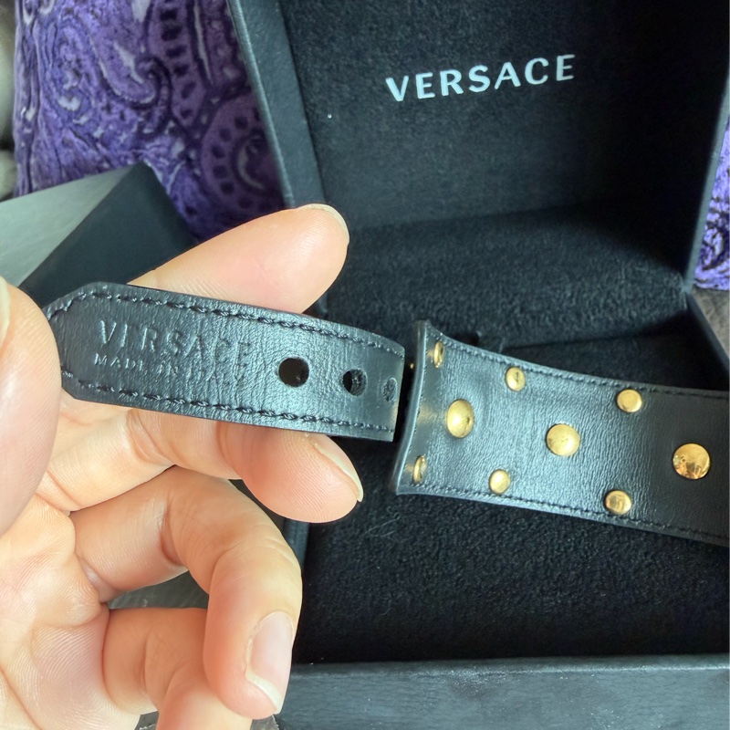范思哲  黑色 黑色皮革 美杜莎頭  V牛仔風雙環繞手鐲  手環 versace black bracelet-11