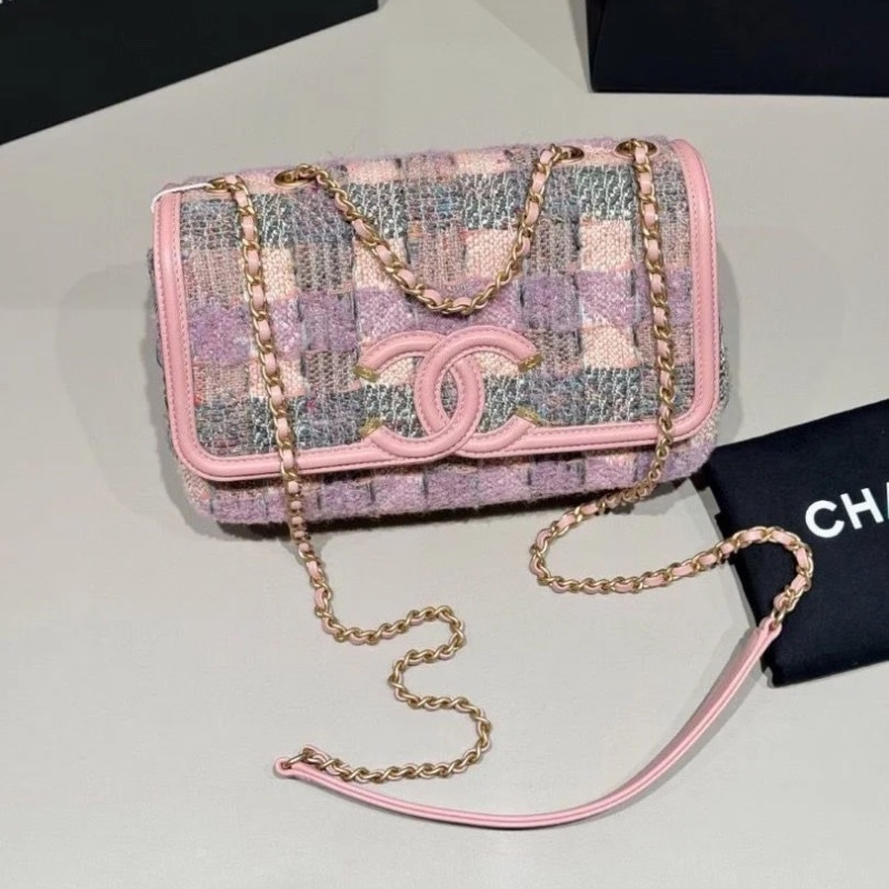Chanel filigree 小號 毛呢 拼色糖果粉22*14*7cm  95新 配件塵袋-1