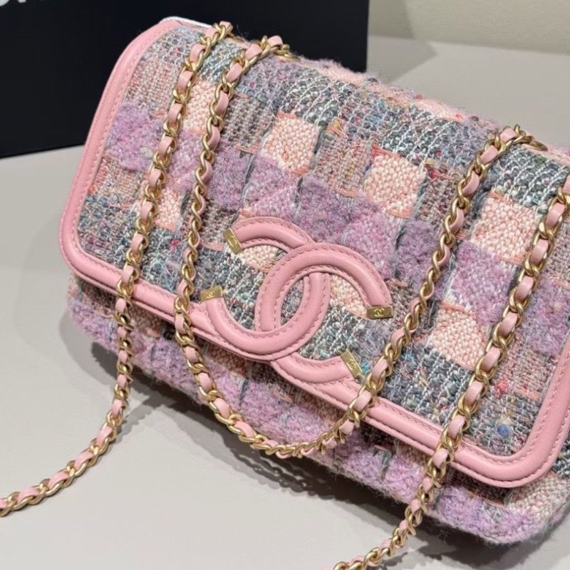 Chanel filigree 小號 毛呢 拼色糖果粉22*14*7cm  95新 配件塵袋-3