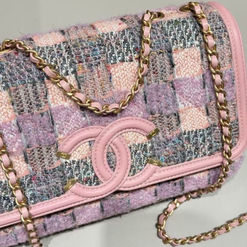 Chanel filigree 小號 毛呢 拼色糖果粉22*14*7cm  95新 配件塵袋-4