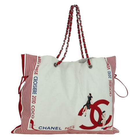 香奈兒鏈單肩包 棉質 白色 銀色 CC 標誌 正品 BSZ544SAV