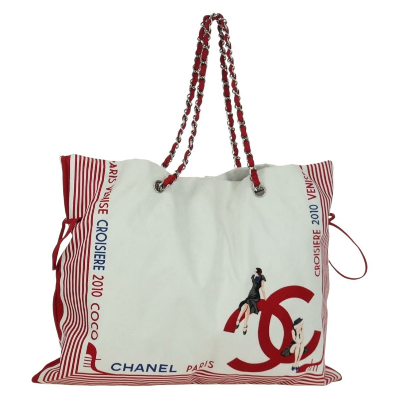 【日本直送】香奈兒鏈單肩包 棉質 白色 銀色 CC 標誌 正品 BSZ544SAV-0