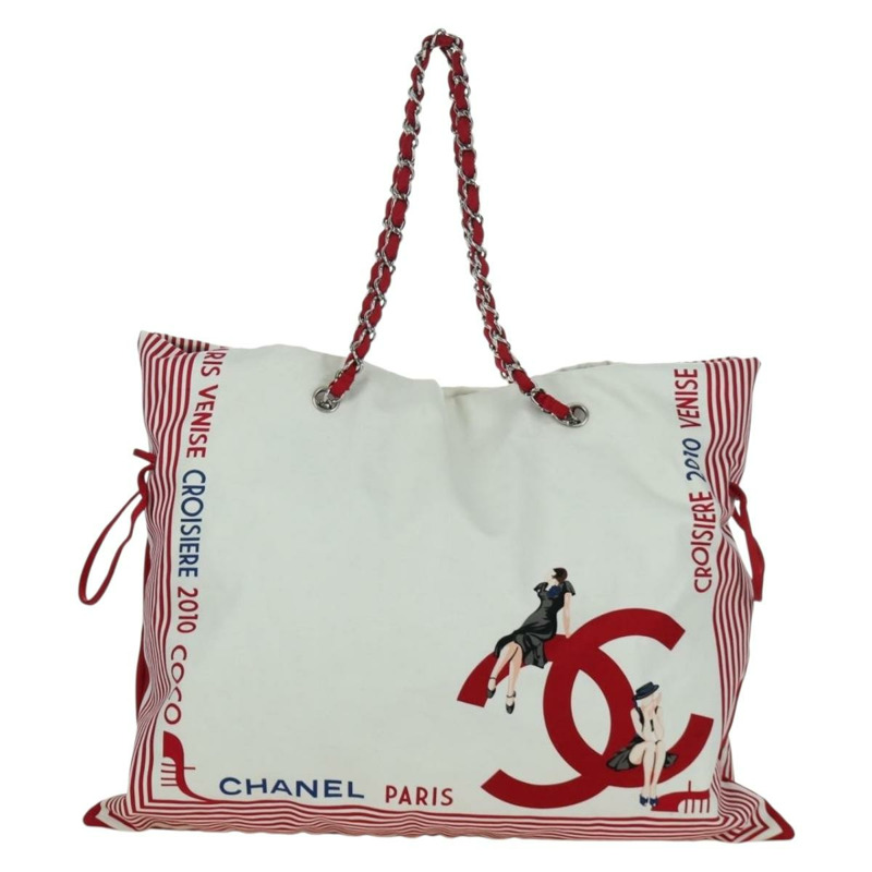 【日本直送】香奈兒鏈單肩包 棉質 白色 銀色 CC 標誌 正品 BSZ544SAV-1