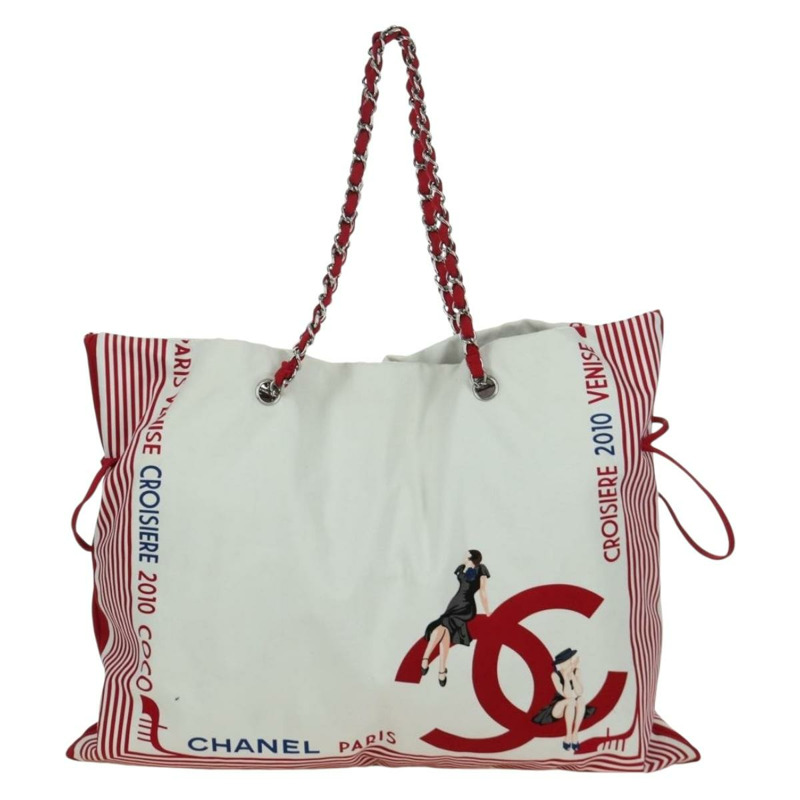 【日本直送】香奈兒鏈單肩包 棉質 白色 銀色 CC 標誌 正品 BSZ544SAV-12