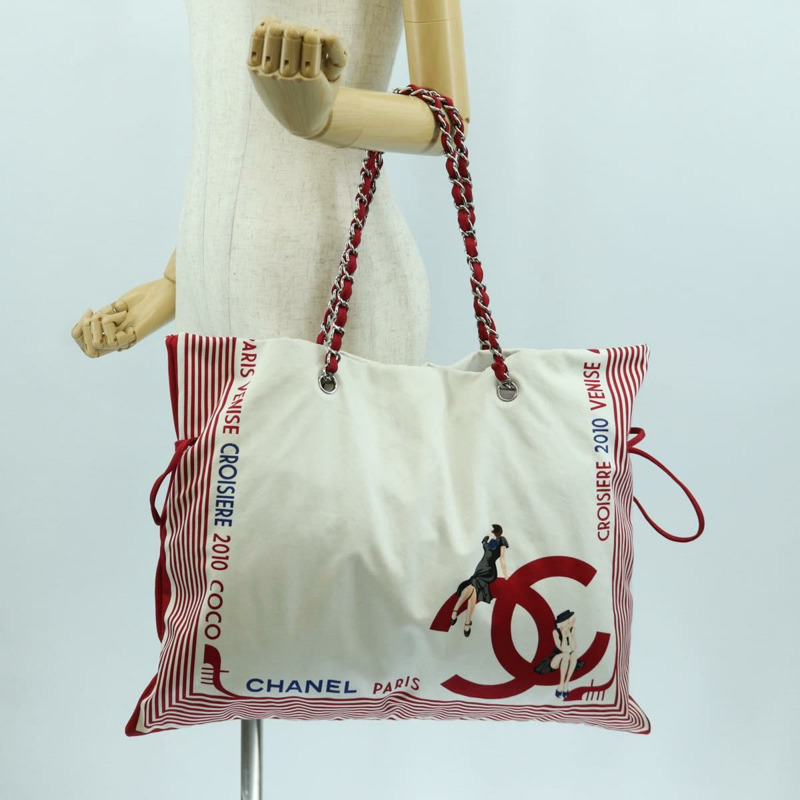 【日本直送】香奈兒鏈單肩包 棉質 白色 銀色 CC 標誌 正品 BSZ544SAV-24