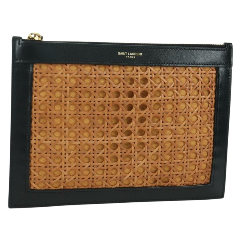 【日本直送】SAINT LAURENT 藤編皮革手拿包 黑色 金色 正品 ki6591M-0