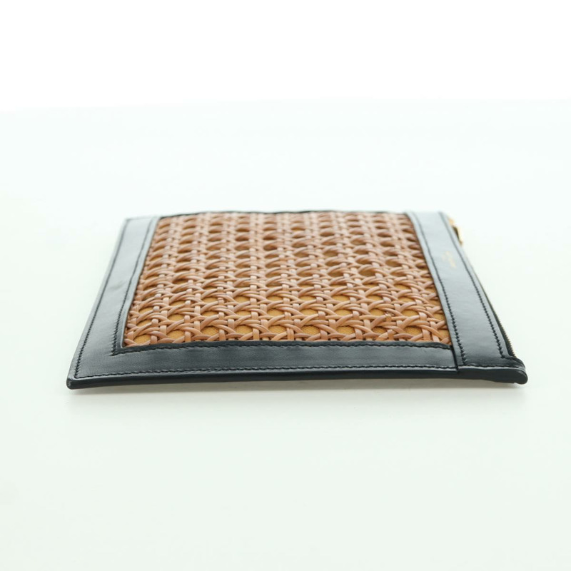 【日本直送】SAINT LAURENT 藤編皮革手拿包 黑色 金色 正品 ki6591M-3