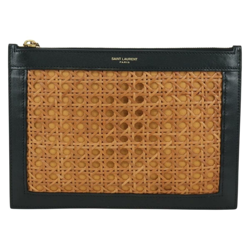 【日本直送】SAINT LAURENT 藤編皮革手拿包 黑色 金色 正品 ki6591M-12