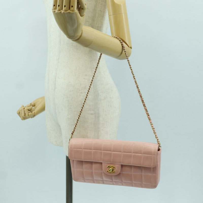 【日本直送】香奈兒 Choco Bar 鏈單肩包 羊皮 粉紅色 金 CC 標誌 正品 YKZ101SAV-23