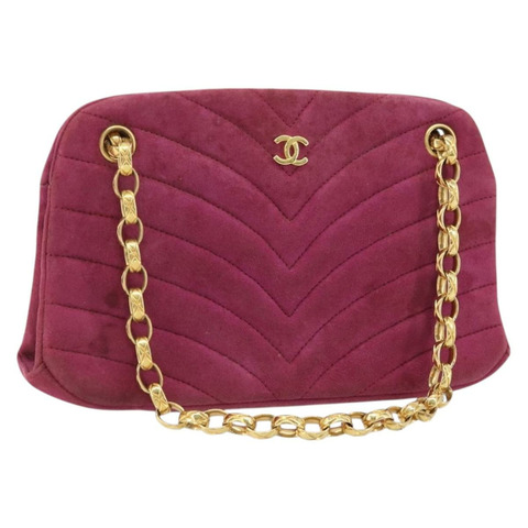 香奈兒鏈條肩背包，紫色麂皮，金色雙C標誌，正品 AMZ166A