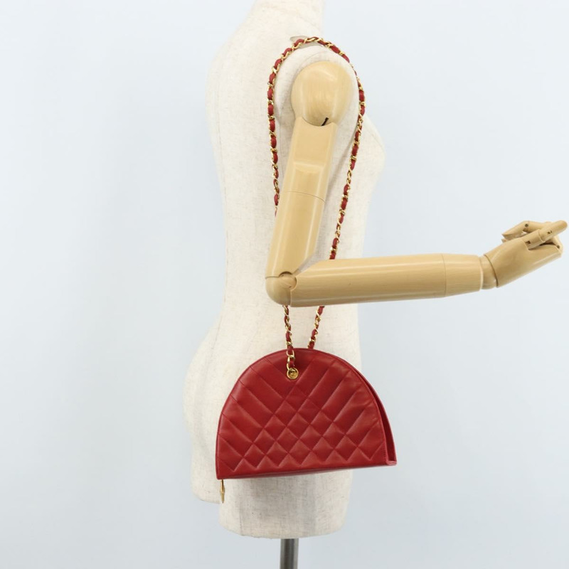 【日本直送】香奈兒 (CHANEL) 絎縫鏈條單肩包，羊皮材質，紅色金色雙C標誌，正品 AMZ168A-23