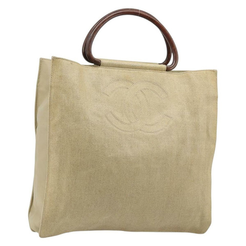 香奈兒 COCO 標誌木柄手袋帆布米色金色 CC 正品 AMZ163A