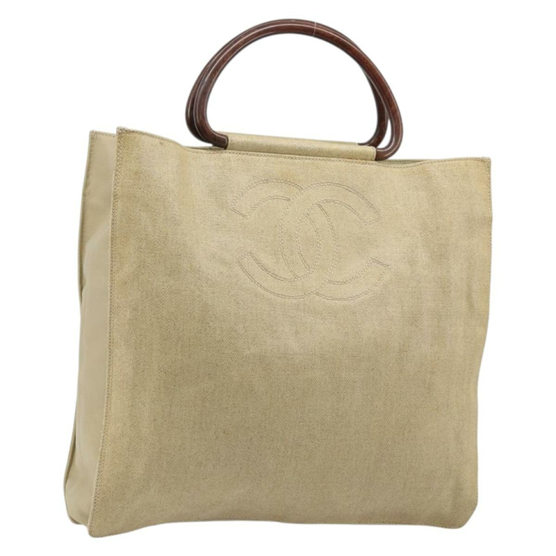 【日本直送】香奈兒 COCO 標誌木柄手袋帆布米色金色 CC 正品 AMZ163A-0