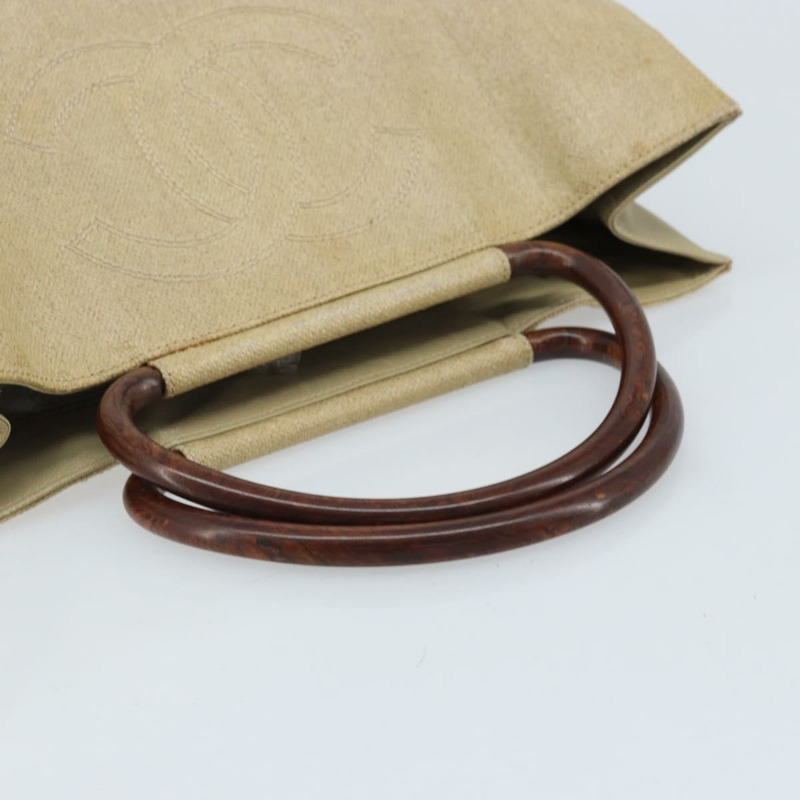 【日本直送】香奈兒 COCO 標誌木柄手袋帆布米色金色 CC 正品 AMZ163A-6