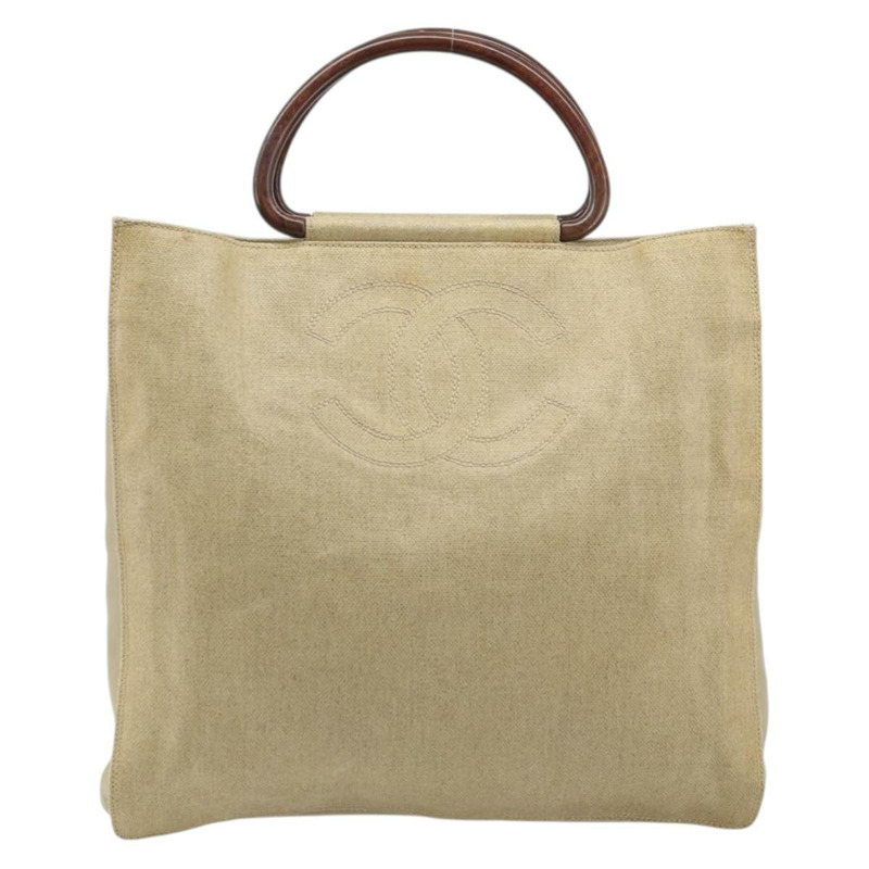 【日本直送】香奈兒 COCO 標誌木柄手袋帆布米色金色 CC 正品 AMZ163A-12