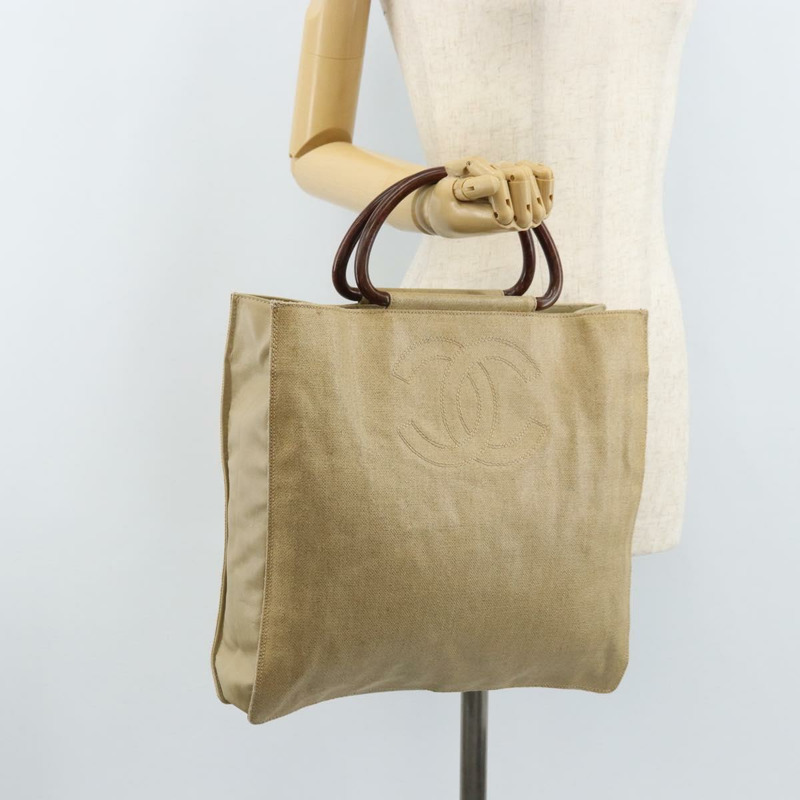 【日本直送】香奈兒 COCO 標誌木柄手袋帆布米色金色 CC 正品 AMZ163A-21