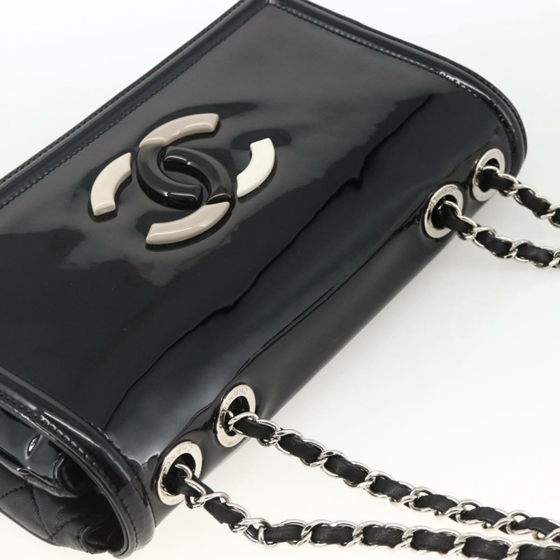 【日本直送】香奈兒唇膏線鏈條包，漆皮材質，黑色銀色雙C標誌，正品 ka3406SAV-5