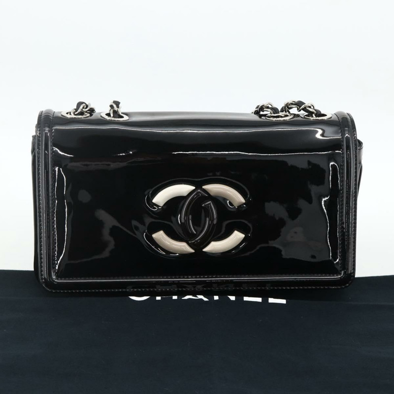 【日本直送】香奈兒唇膏線鏈條包，漆皮材質，黑色銀色雙C標誌，正品 ka3406SAV-11