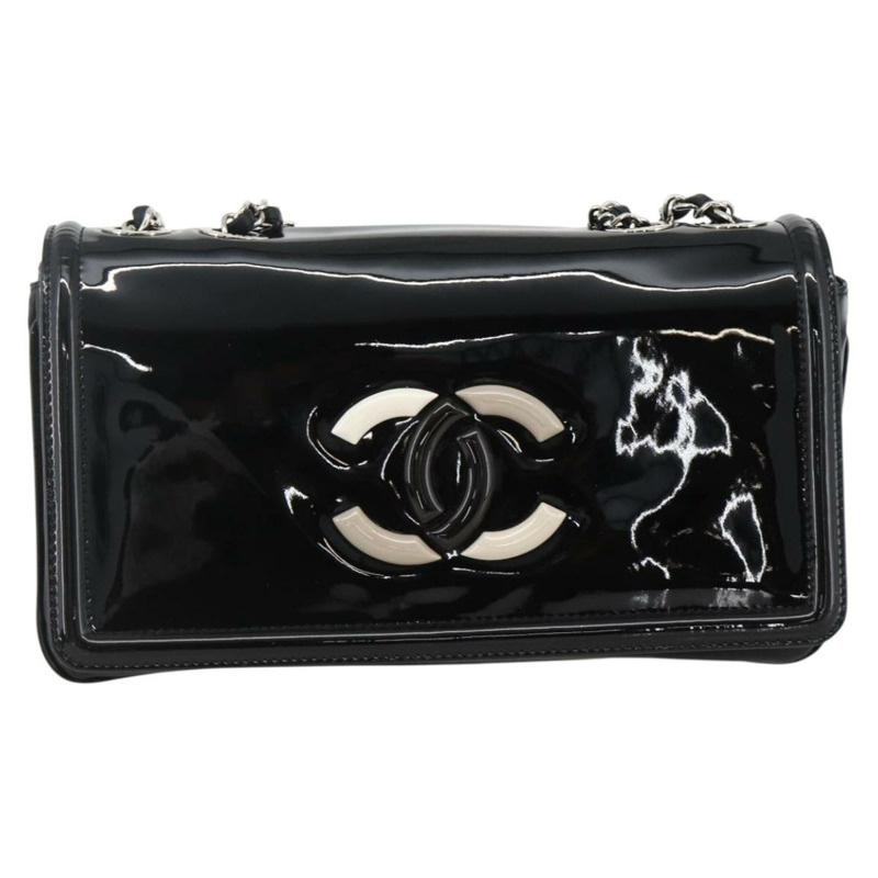 【日本直送】香奈兒唇膏線鏈條包，漆皮材質，黑色銀色雙C標誌，正品 ka3406SAV-12