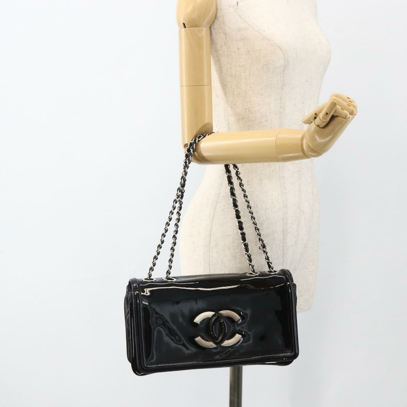 【日本直送】香奈兒唇膏線鏈條包，漆皮材質，黑色銀色雙C標誌，正品 ka3406SAV-24