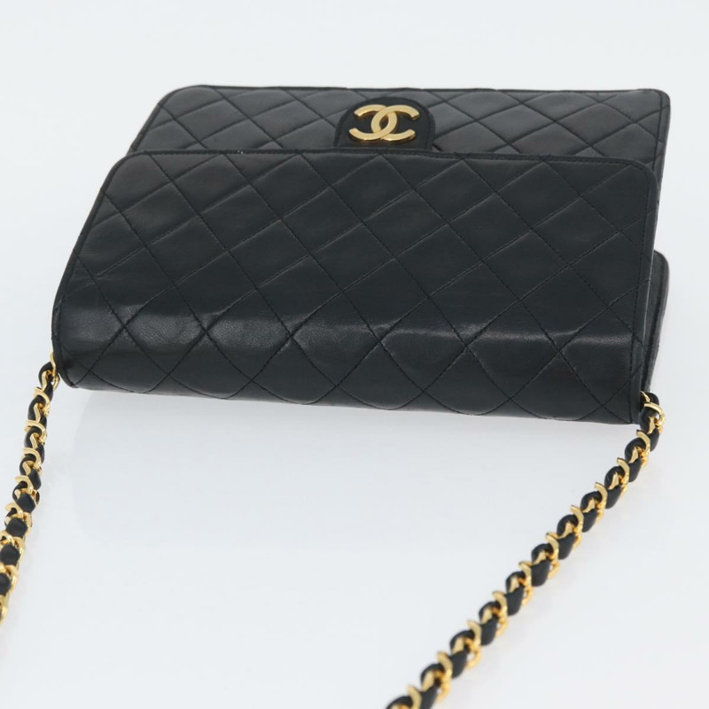 【日本直送】香奈兒鏈絎縫單肩包，羊皮材質，黑色，金色雙C標誌，正品 ka3415SAV-5