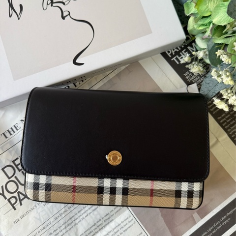 Penny 格紋帆布拼小牛皮翻蓋斜背包(經典米色/黑色)