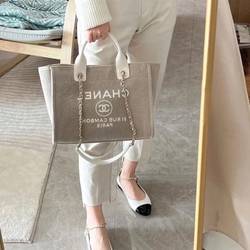 CHANEL 灰色金扣小號子母 手提肩背沙灘包32*25*12  95新  塵袋-0