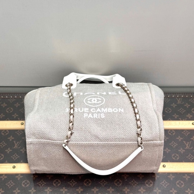CHANEL 灰色金扣小號子母 手提肩背沙灘包32*25*12  95新  塵袋-4