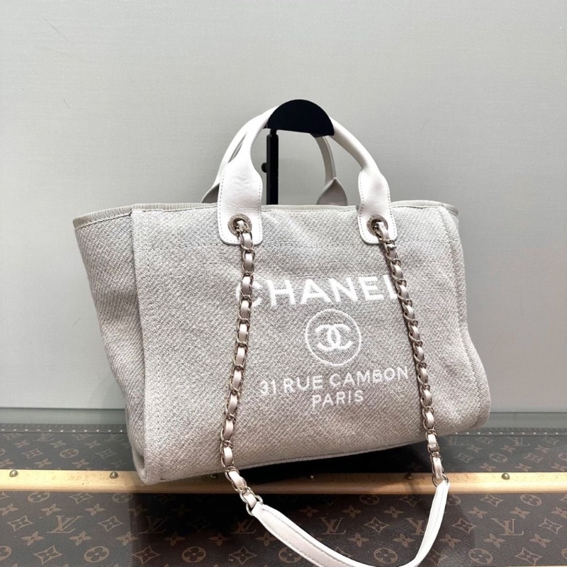 CHANEL 灰色金扣小號子母 手提肩背沙灘包32*25*12  95新  塵袋-6