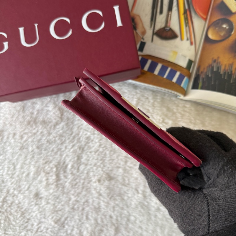 GG 貓頭鷹圖案塗層帆布釦式二折短夾(酒紅色)-5