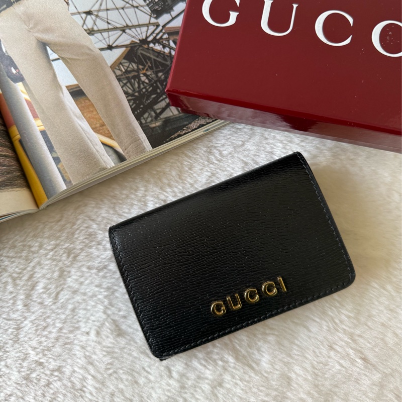 金字Logo 皮革釦式翻蓋卡片夾/名片夾(黑色)-0