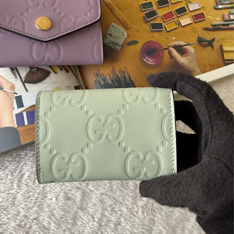 GG Logo 壓紋牛皮釦式卡片夾/名片夾(淺綠色)-3