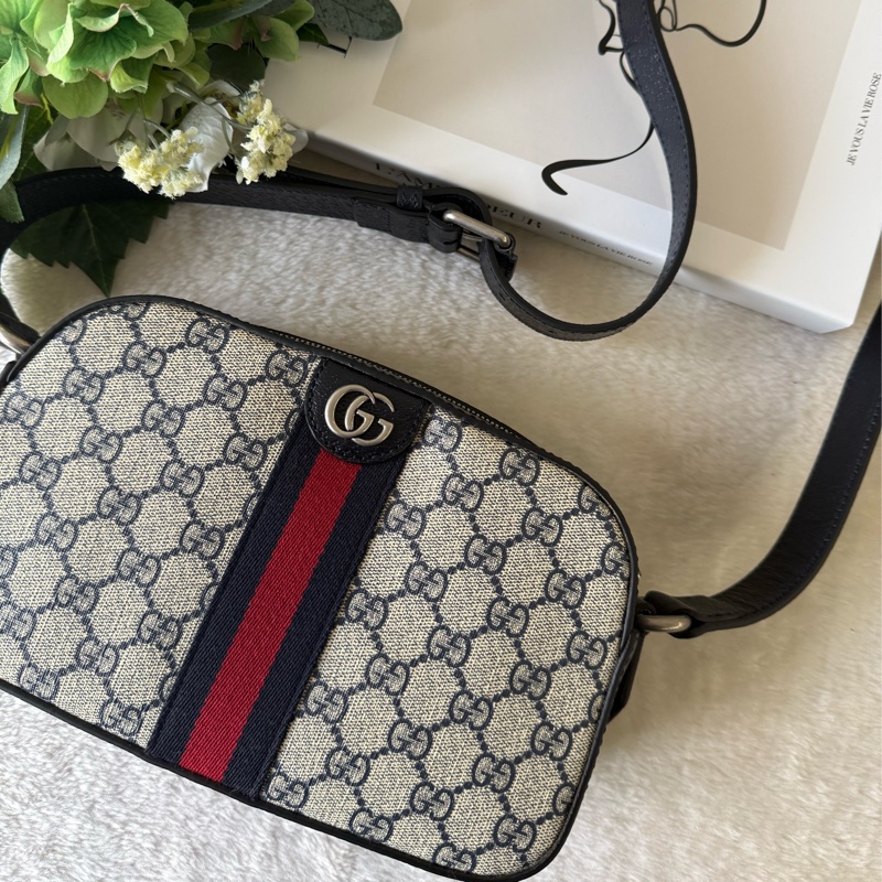 Ophidia GG Supreme 帆布藍紅織帶相機包(米色/黑藍色)-0