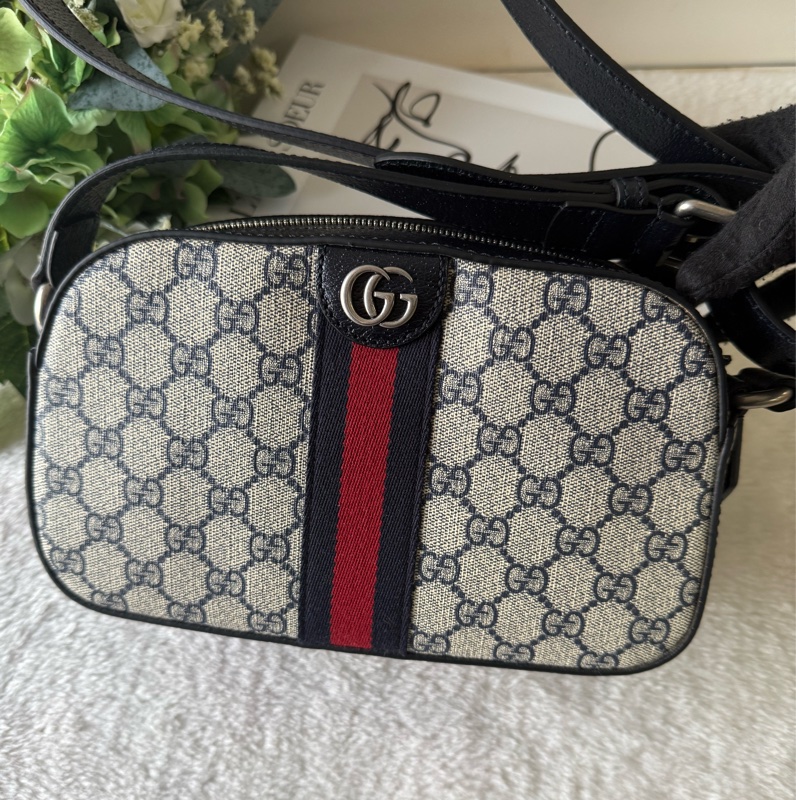 Ophidia GG Supreme 帆布藍紅織帶相機包(米色/黑藍色)-1