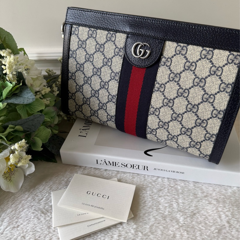 Ophidia GG綠紅綠皮革飾邊鏈包(黑藍色)-0