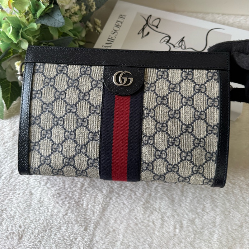 Ophidia GG綠紅綠皮革飾邊鏈包(黑藍色)-1