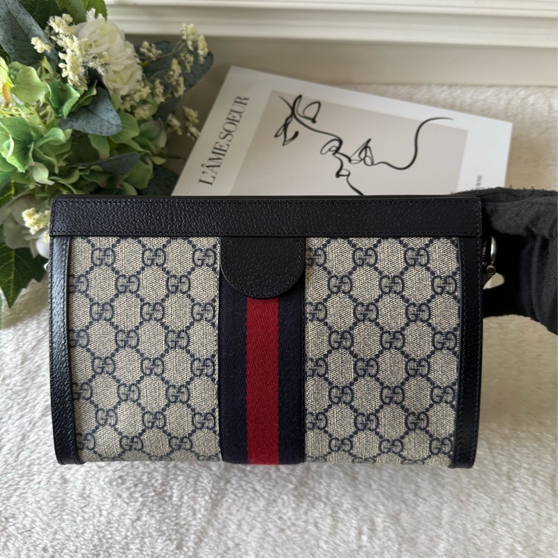 Ophidia GG綠紅綠皮革飾邊鏈包(黑藍色)-3