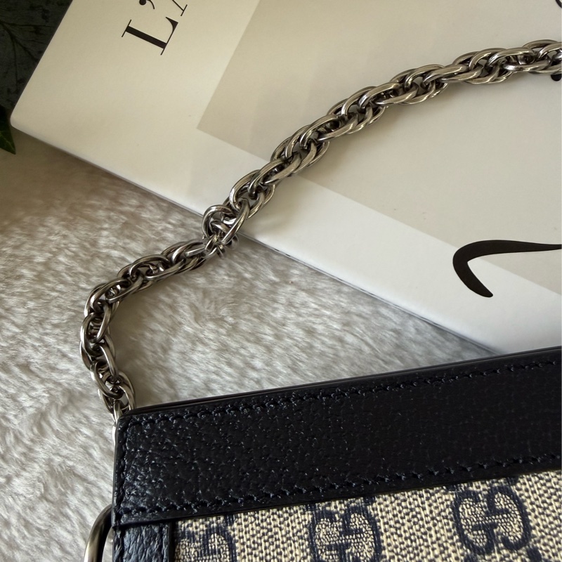 Ophidia GG綠紅綠皮革飾邊鏈包(黑藍色)-7