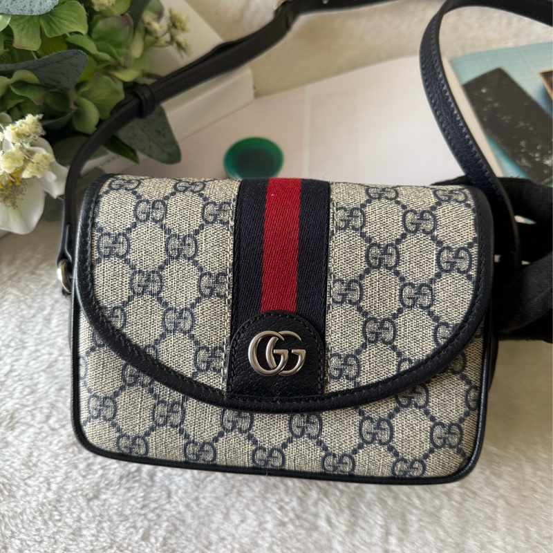 Ophidia GG 綠紅織帶迷你翻蓋斜背包(米色/烏木色)-1