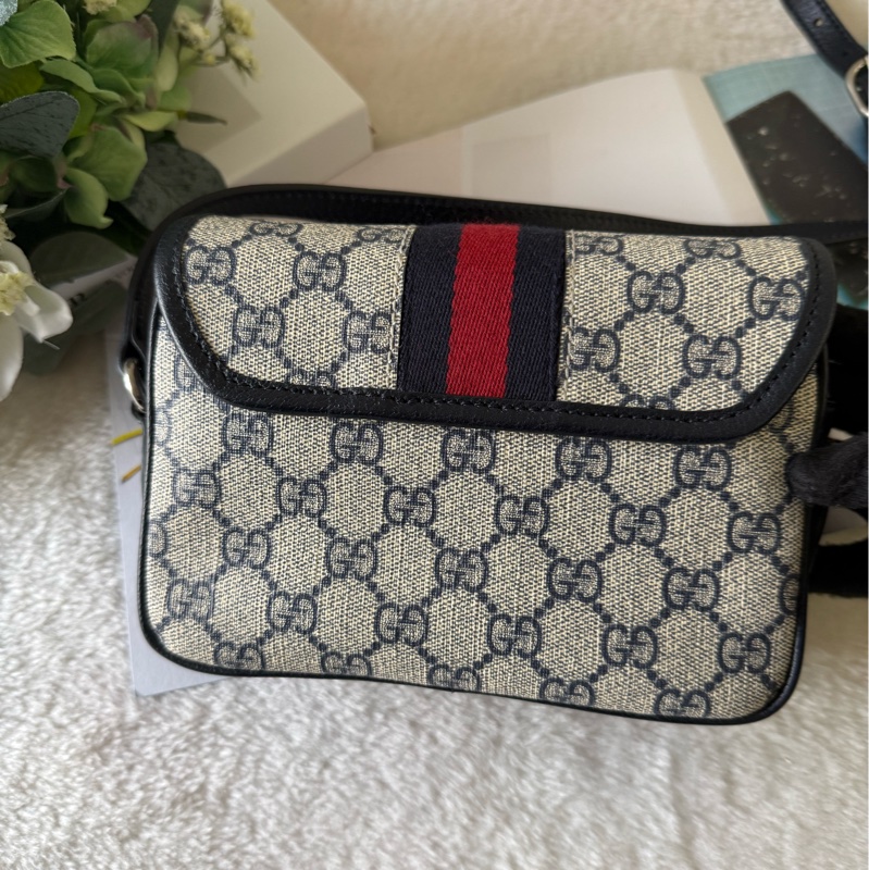 Ophidia GG 綠紅織帶迷你翻蓋斜背包(米色/烏木色)-3