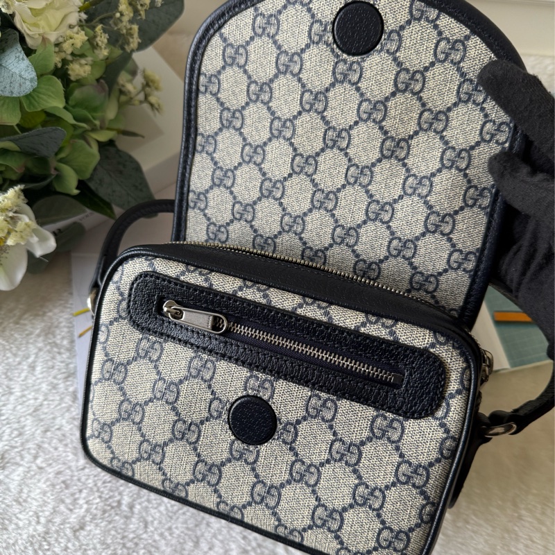 Ophidia GG 綠紅織帶迷你翻蓋斜背包(米色/烏木色)-6